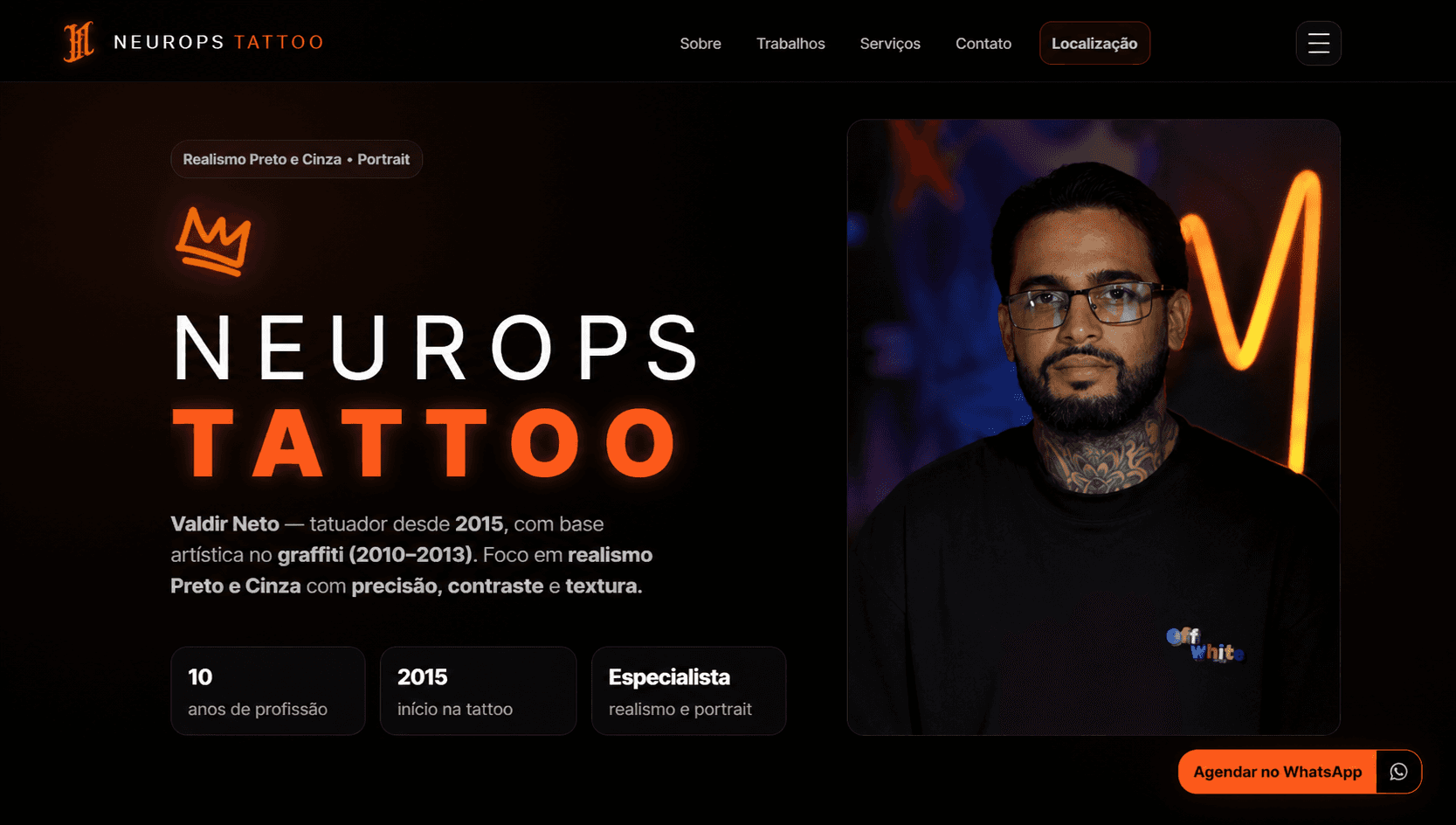 Prévia do projeto NeuroPS Tattoo com layout escuro e destaque laranja.